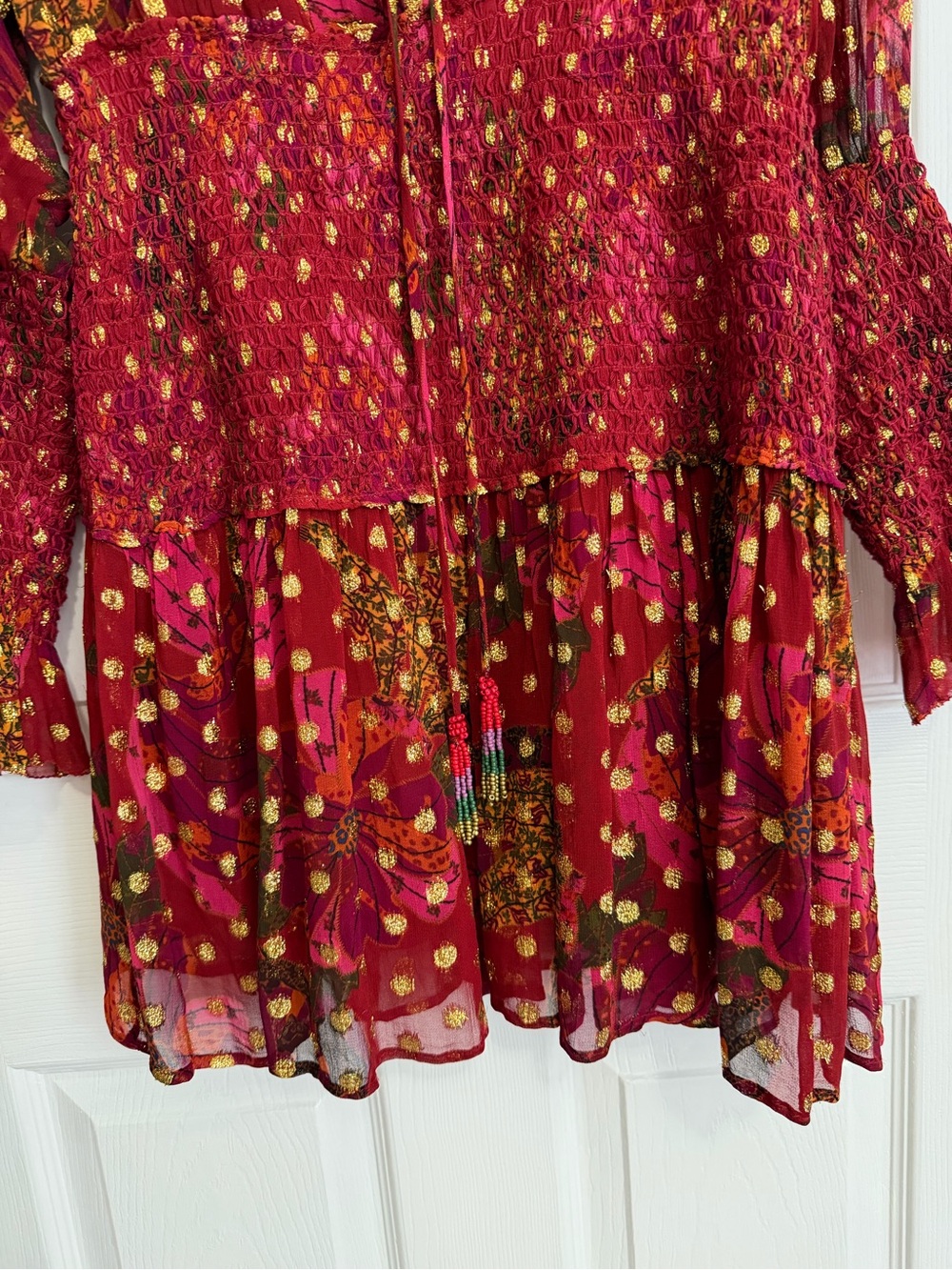 Farm Rio Banana Flowers Mini Dress Long Sleeve Ruffled Maroon Gold Size Medium - Picture 6 of 15